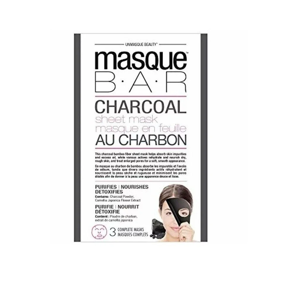 Masque Bar Charcoal Sheet Mask 3 Pack Bamboo Fiber Detox Pore Care Skincare NEW
